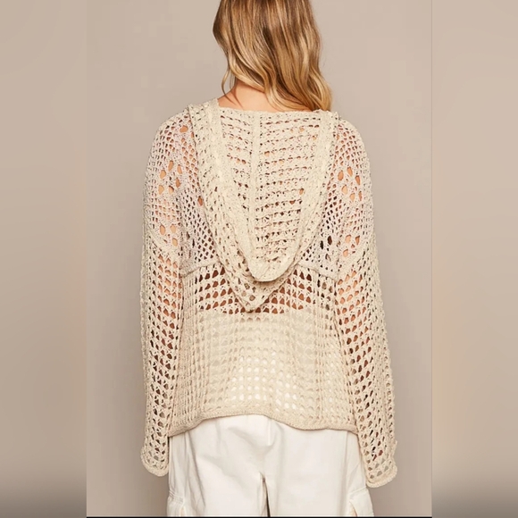 NWT- POL V-neck long sleeve crochet front pockets hoodie sweater - Picture 5 of 7